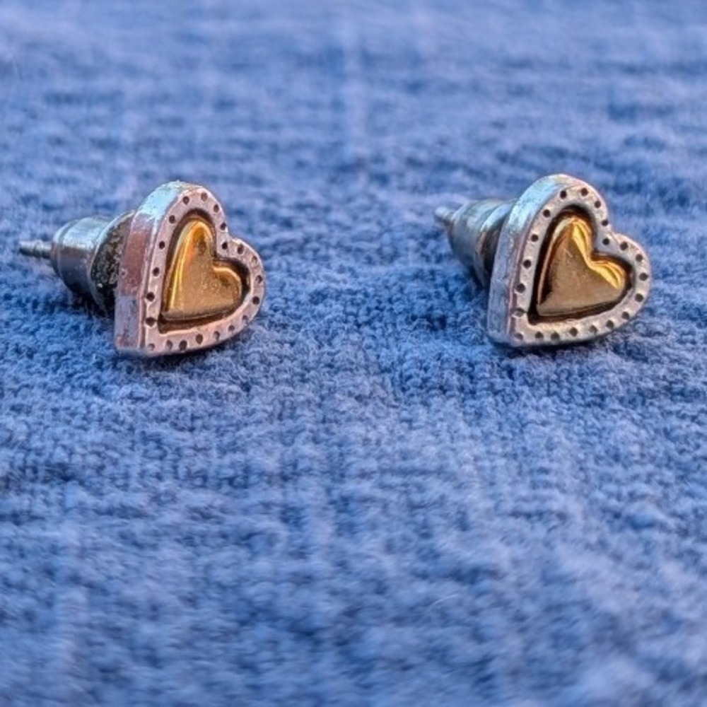 Brighton Rendezvous Mixed Metal Heart Stud Earrings Silver Gold Tone Beaded Tiny - Picture 4 of 4
